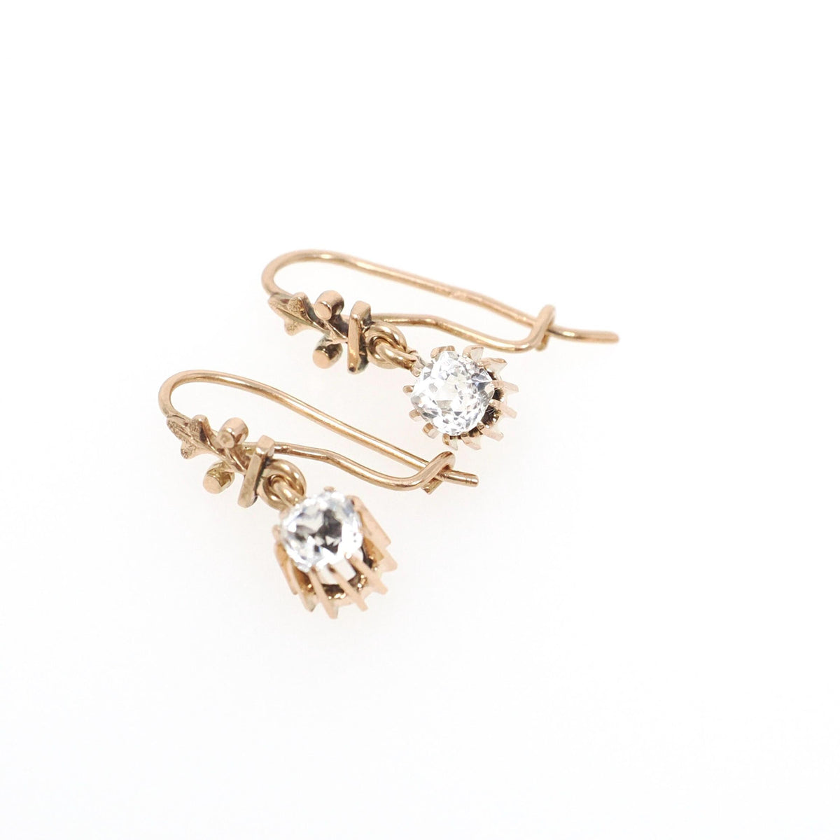 Victorian Paste Earrings - Antique 10k Rosy Yellow Gold Dangle Drops - Circa 1890s Era Faceted Old Mine Clear Glass Candlelight Fine Jewelry