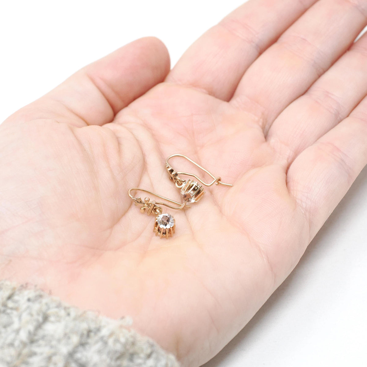 Victorian Paste Earrings - Antique 10k Rosy Yellow Gold Dangle Drops - Circa 1890s Era Faceted Old Mine Clear Glass Candlelight Fine Jewelry