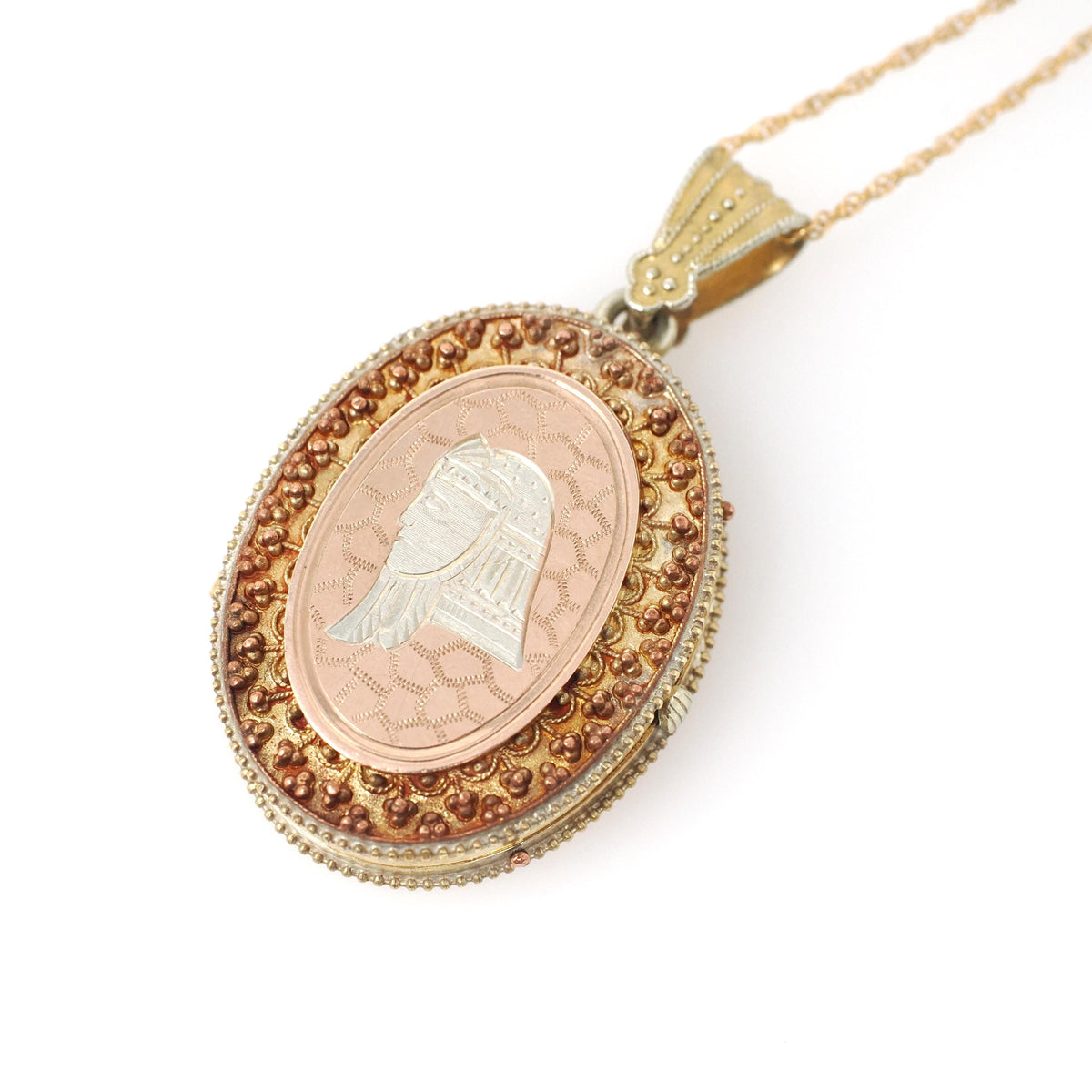 Egyptian Pharoah Locket - Victorian Gold Filled Tri Tone Revival Pendant Necklace - Antique Circa 1890s Ancient Historical Keepsake Jewelry