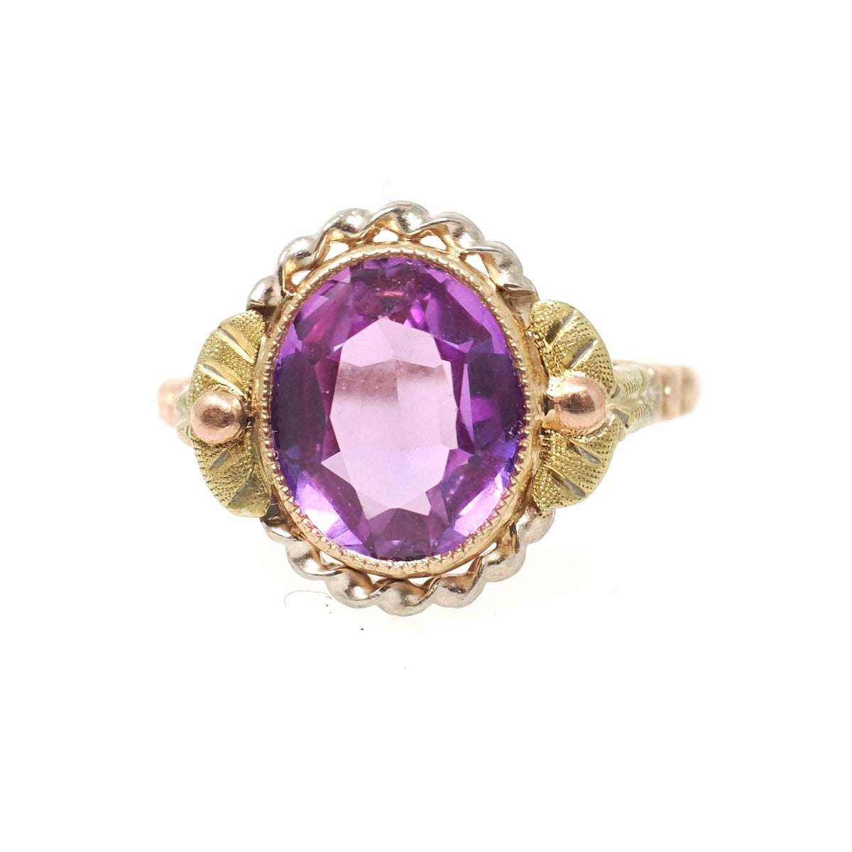 Created Color Change Sapphire Ring - Retro 10k Tricolor Gold Purple Purple 2.81 CT Gem - Circa 1940s Era Size 4 1/4 Flower Fine 40s Jewelry