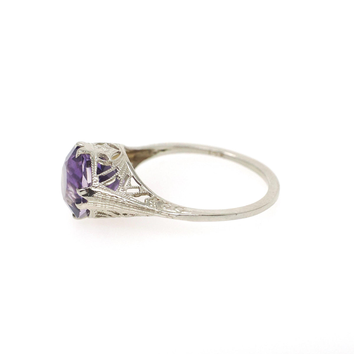 Amethyst Filigree Ring - Art Deco 14k White Gold Round Faceted 2.29 CT Purple Gemstone Solitaire - Circa 1930s Era Size 5 3/4 Fine Jewelry