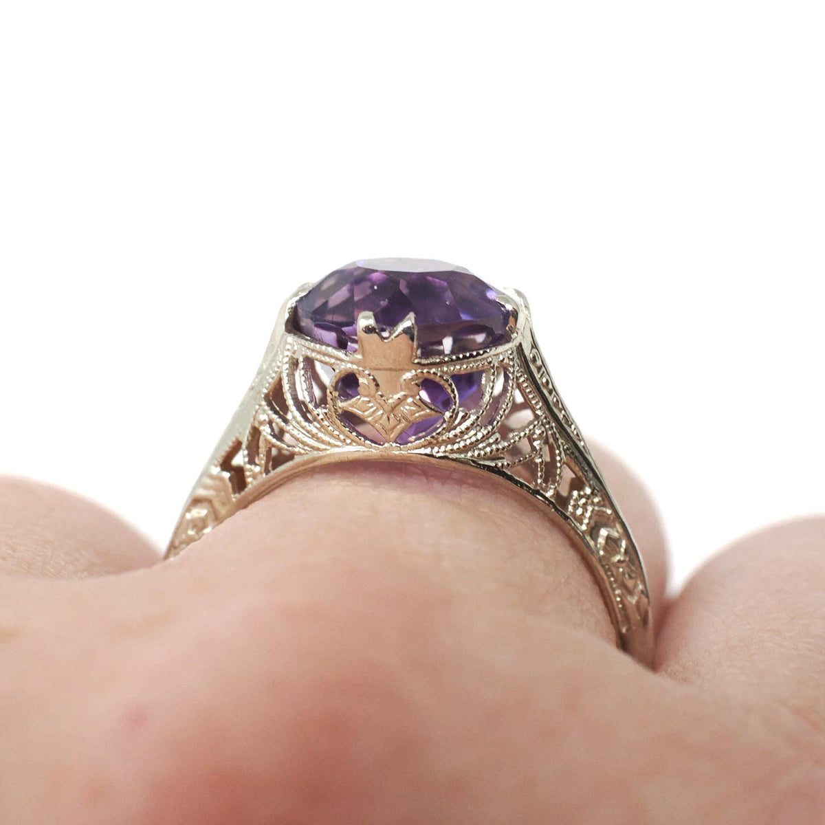 Amethyst Filigree Ring - Art Deco 14k White Gold Round Faceted 2.29 CT Purple Gemstone Solitaire - Circa 1930s Era Size 5 3/4 Fine Jewelry