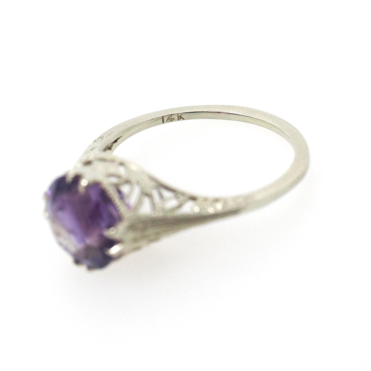 Amethyst Filigree Ring - Art Deco 14k White Gold Round Faceted 2.29 CT Purple Gemstone Solitaire - Circa 1930s Era Size 5 3/4 Fine Jewelry