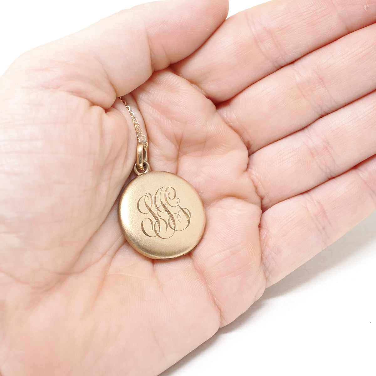 Antique Monogrammed Locket - Edwardian Gold Filled Round SJG Engraved Photo Pendant Necklace - Antique 1910s Era Photograph Keepsake Jewelry