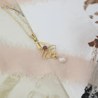 Antique Lavalier Necklace - Edwardian 10k Yellow Gold Purple Glass Pendant - Circa 1910s Era Simulated Amethyst Baroque Pearl Fine Jewelry