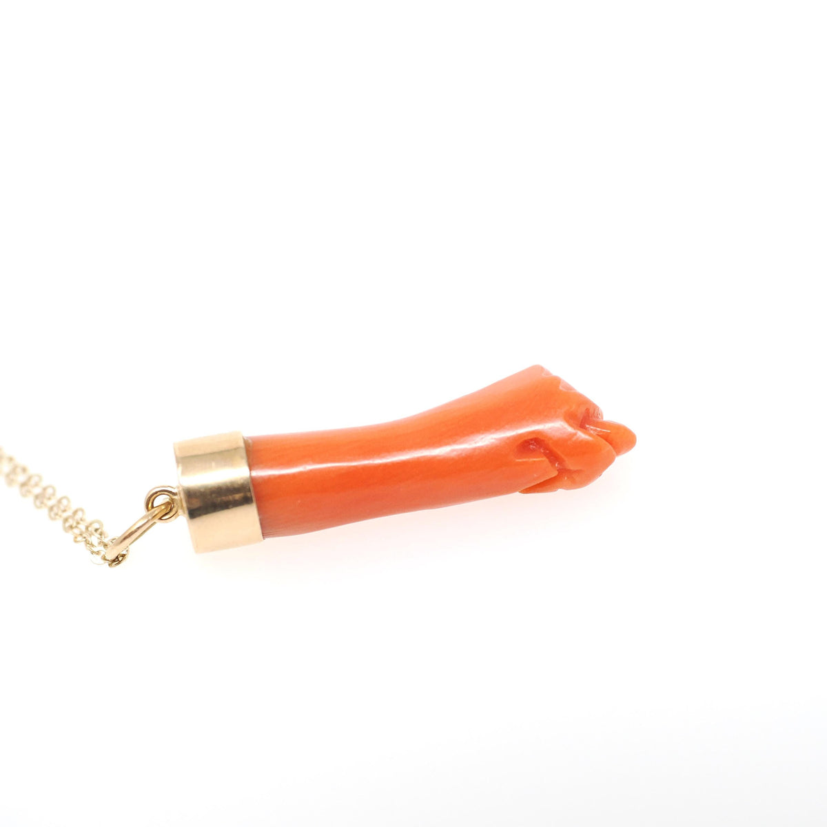 Mano Figa Pendant - Modernist 18k Yellow Gold Natural Coral Good Luck Necklace Charm - Vintage Circa 1970s Era Symbolic Hand Fine Jewelry