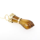 Mano Figa Pendant - Modernist 18k Yellow Gold Natural Tiger's Eye Good Luck Charm - Vintage Circa 1970s Era Symbolic Hand Fine Jewelry