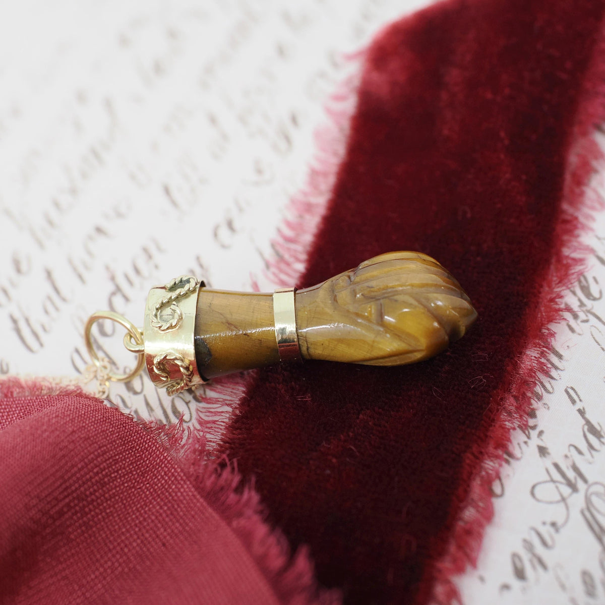 Mano Figa Pendant - Modernist 18k Yellow Gold Natural Tiger's Eye Good Luck Charm - Vintage Circa 1970s Era Symbolic Hand Fine Jewelry