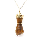 Mano Figa Pendant - Modernist 18k Yellow Gold Natural Tiger's Eye Good Luck Charm - Vintage Circa 1970s Era Symbolic Hand Fine Jewelry