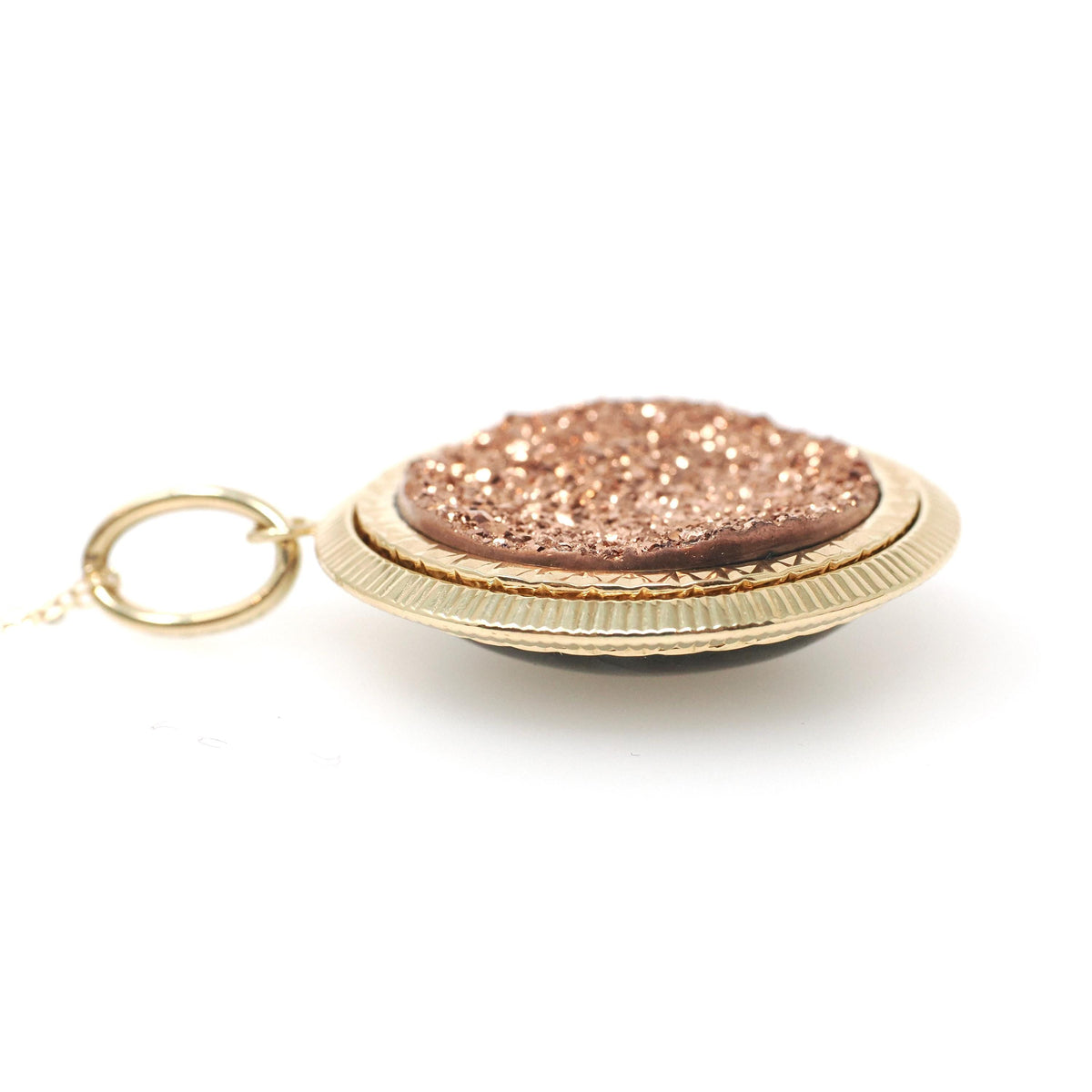 Gemstone Fob Necklace - Contemporary 14k Yellow Gold Double Sided Labradorite & Copper Metallic Druzy Pendant - Circa 2000s Era Fine Jewelry