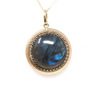 Gemstone Fob Necklace - Contemporary 14k Yellow Gold Double Sided Labradorite & Copper Metallic Druzy Pendant - Circa 2000s Era Fine Jewelry