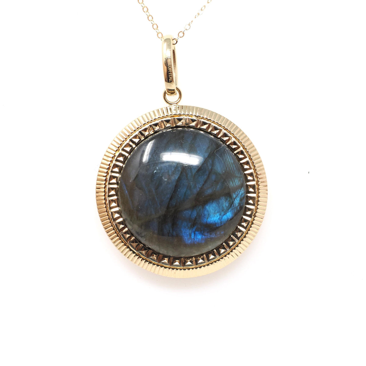 Gemstone Fob Necklace - Contemporary 14k Yellow Gold Double Sided Labradorite & Copper Metallic Druzy Pendant - Circa 2000s Era Fine Jewelry