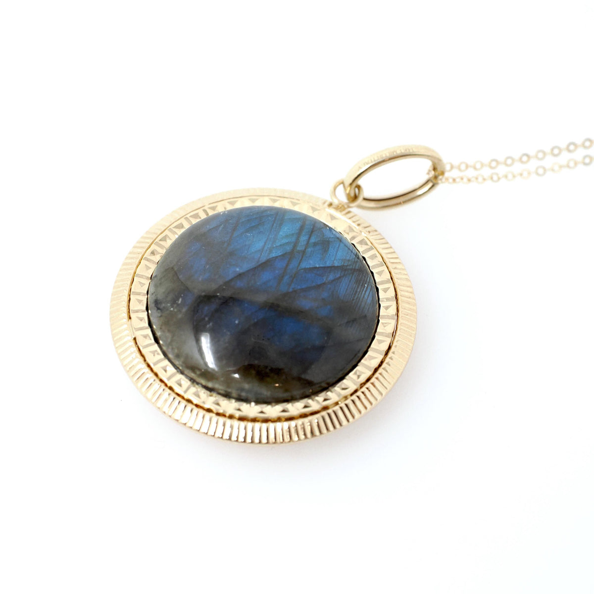 Gemstone Fob Necklace - Contemporary 14k Yellow Gold Double Sided Labradorite & Copper Metallic Druzy Pendant - Circa 2000s Era Fine Jewelry