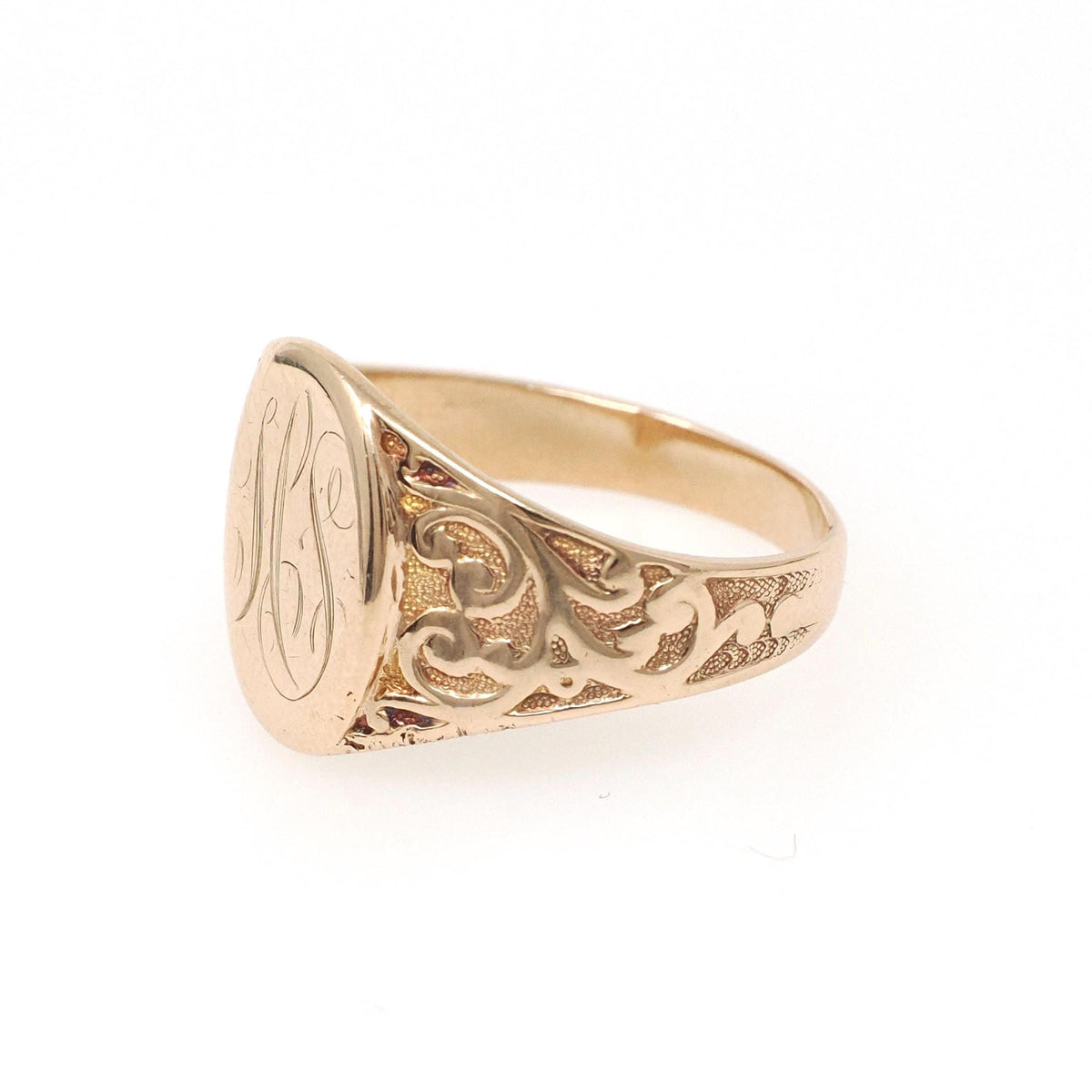 Edwardian Signet Ring - Antique 10k Yellow Gold Oval "MS" Engraved Script Initial Letters - Circa 1910s Size 10 Fine Scroll Engraved Jewelry