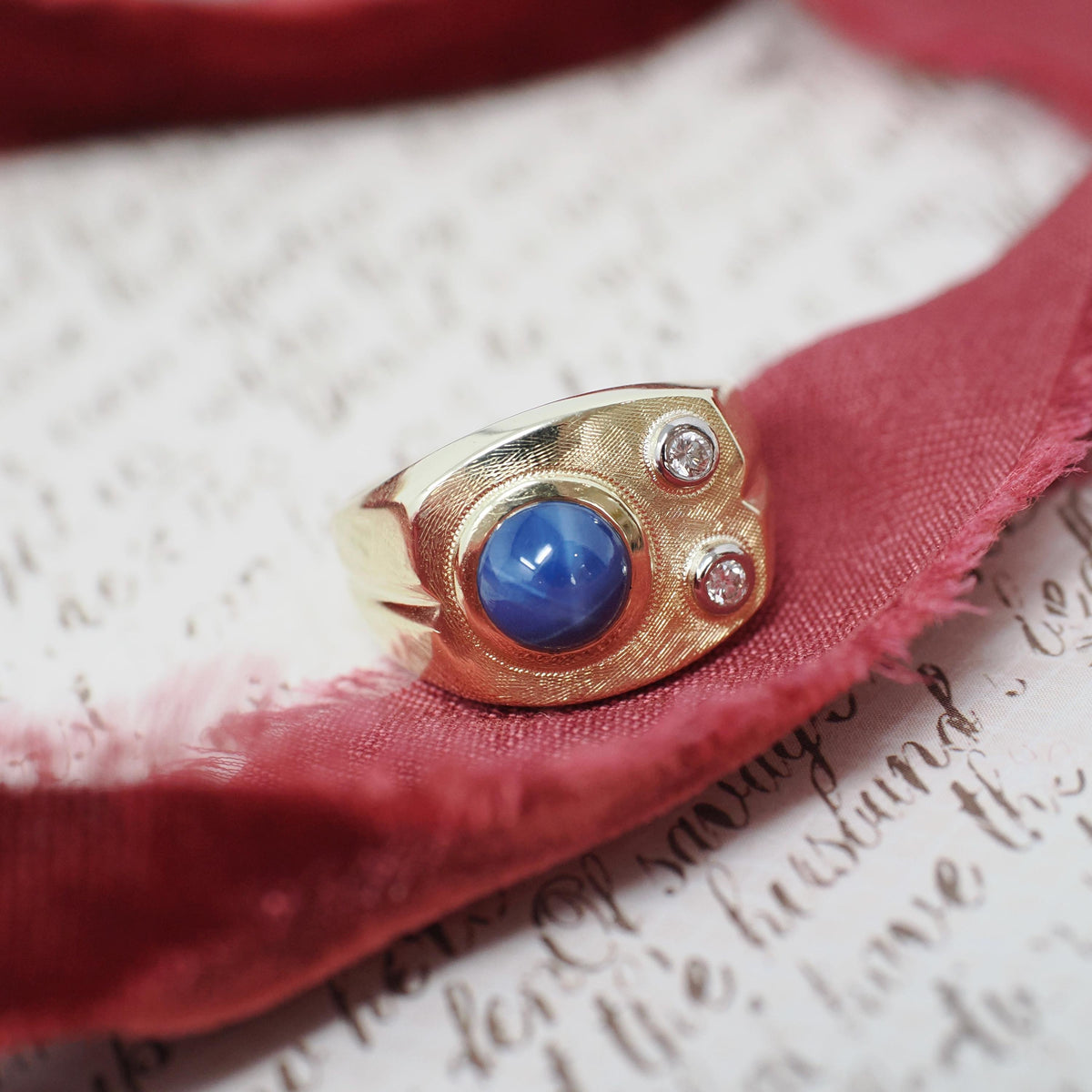 Synthetic Star Sapphire Ring - Modernist 14k Yellow Gold Blue Cabochon Gem & Diamond Accents - Circa 1970s Size 7 3/4 Fine Statement Jewelry