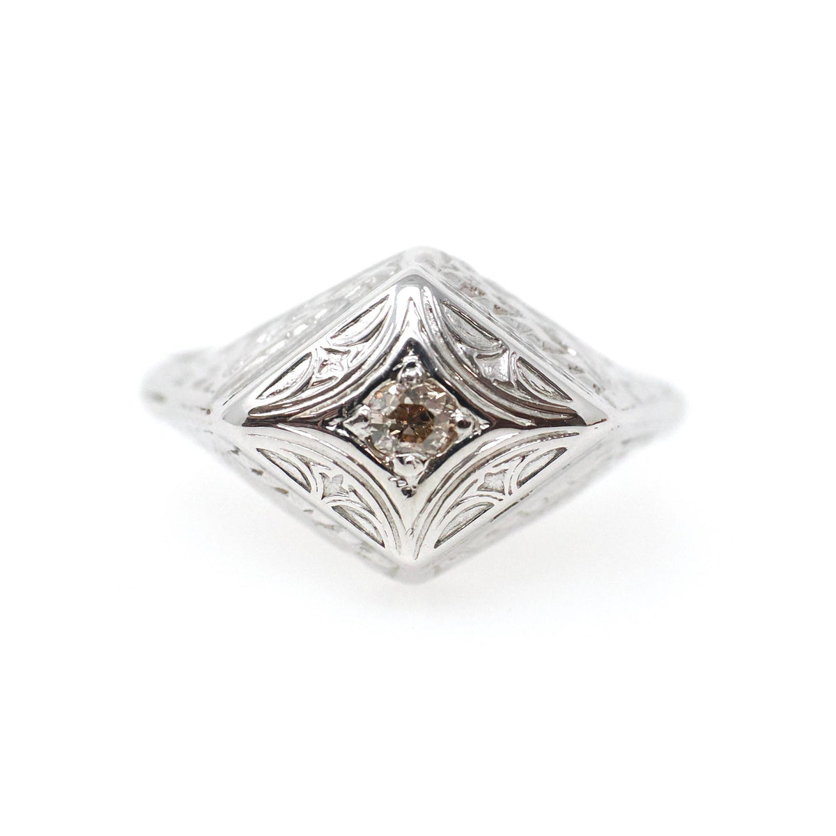 Vintage Diamond Ring - Art Deco 14k White Gold East West Rhombus .08 CT Faint Yellow Solitaire - Circa 1930s Era Size 6 1/2 Fine Jewelry