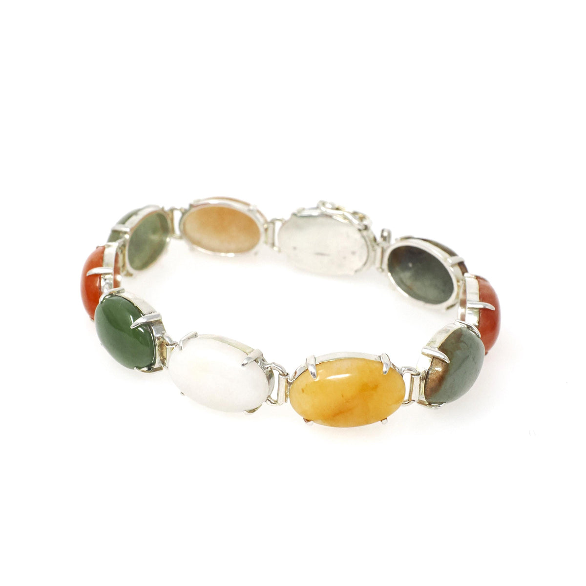 Vintage Gemstone Bracelet - Contemporary Sterling Silver Oval Cut Jadeite & Nephrite Jade Quartz - Circa 1990s 7 Inches Earth Tone Jewelry