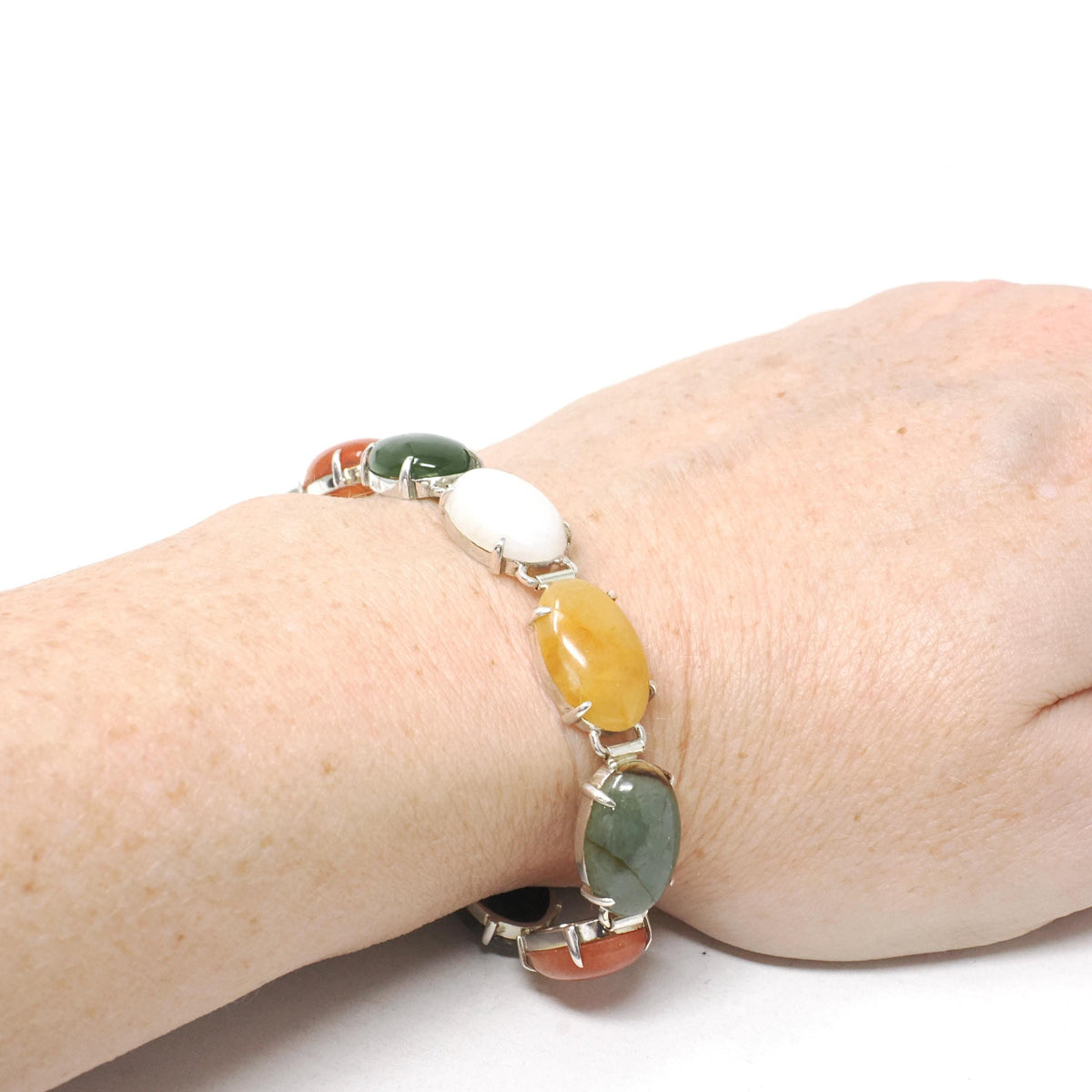 Vintage Gemstone Bracelet - Contemporary Sterling Silver Oval Cut Jadeite & Nephrite Jade Quartz - Circa 1990s 7 Inches Earth Tone Jewelry