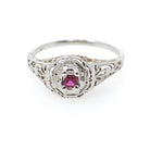 Vintage Ruby Ring - Art Deco 18k White Gold Natural Red Square Step Cut Gemstone - Circa 1930s Era Size 5 3/4 Flower Filigree Fine Jewelry