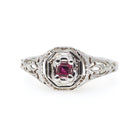Vintage Ruby Ring - Art Deco 18k White Gold Natural Red Square Step Cut Gemstone - Circa 1930s Era Size 5 3/4 Flower Filigree Fine Jewelry