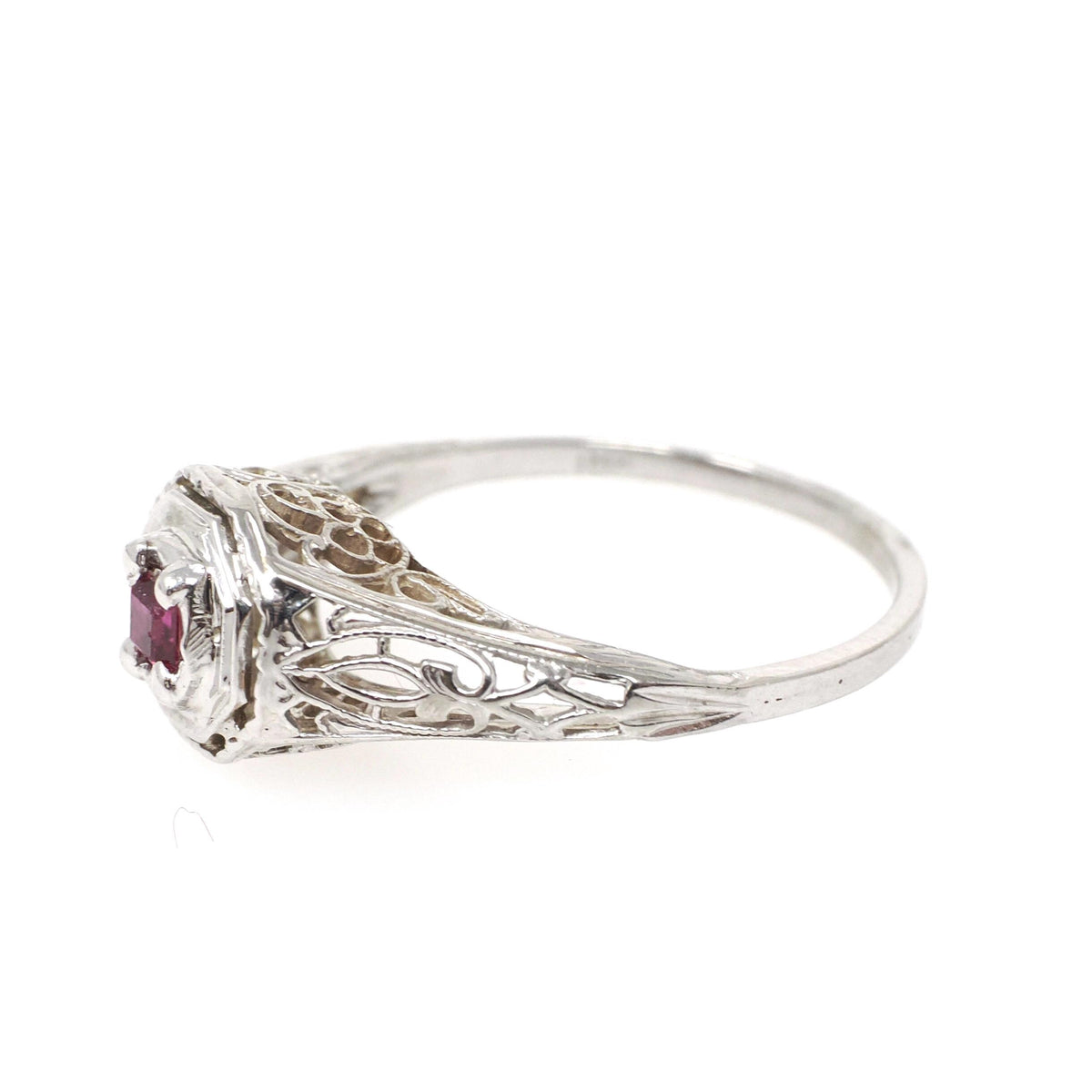 Vintage Ruby Ring - Art Deco 18k White Gold Natural Red Square Step Cut Gemstone - Circa 1930s Era Size 5 3/4 Flower Filigree Fine Jewelry