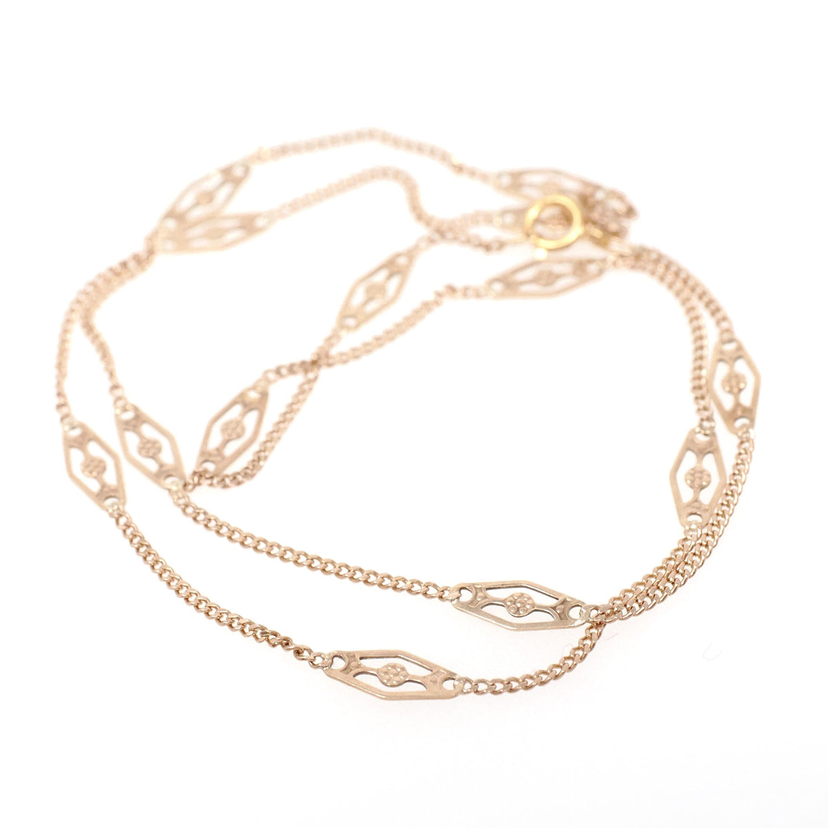Vintage Station Necklace - Modernist 10k Yellow Gold Orange Blossom Chain - Circa 1970s Era 18 1/2 Inches Spring Ring Clasp Fine Jewelry