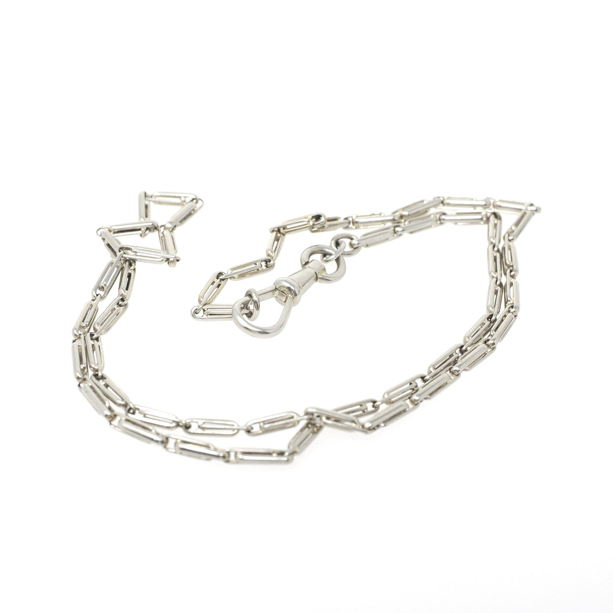 Pocket Watch Chain - Art Deco 14k White Gold Dog Clip Bar Link Necklace - Antique Circa 1920s Era Accessory Fine Versatile Unisex Jewelry
