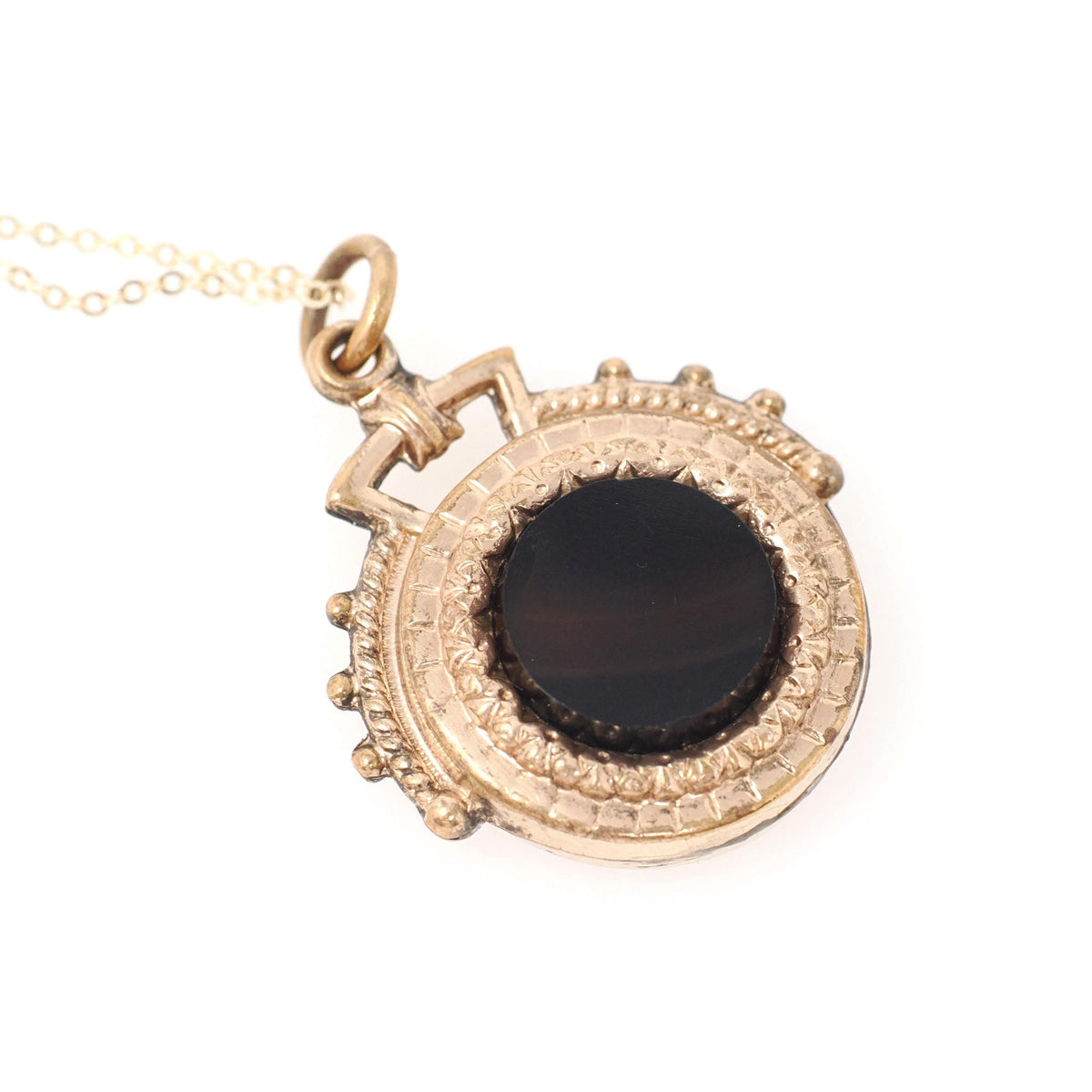 Vintage Horse Fob - Victorian Gold Filled Round Double Sided Mother Of Pearl Agate Pendant Necklace - Circa 1890s Era Equestrian Jewelry