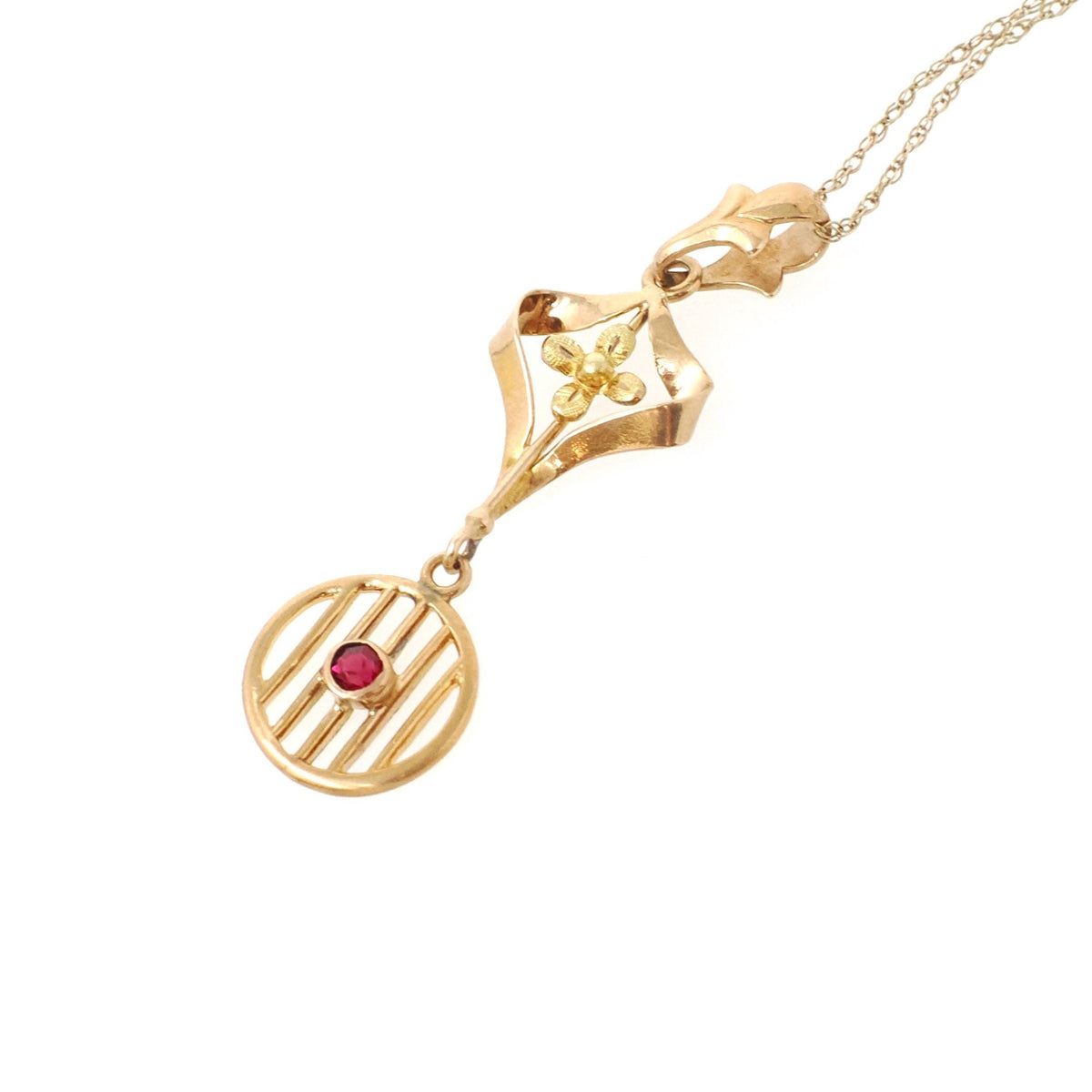 Antique Lavalier Necklace - Edwardian 10k Yellow Gold Simulated Garnet Red Glass Pendant - Vintage Circa 1910s Era Flower Fine Jewelry