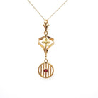 Antique Lavalier Necklace - Edwardian 10k Yellow Gold Simulated Garnet Red Glass Pendant - Vintage Circa 1910s Era Flower Fine Jewelry