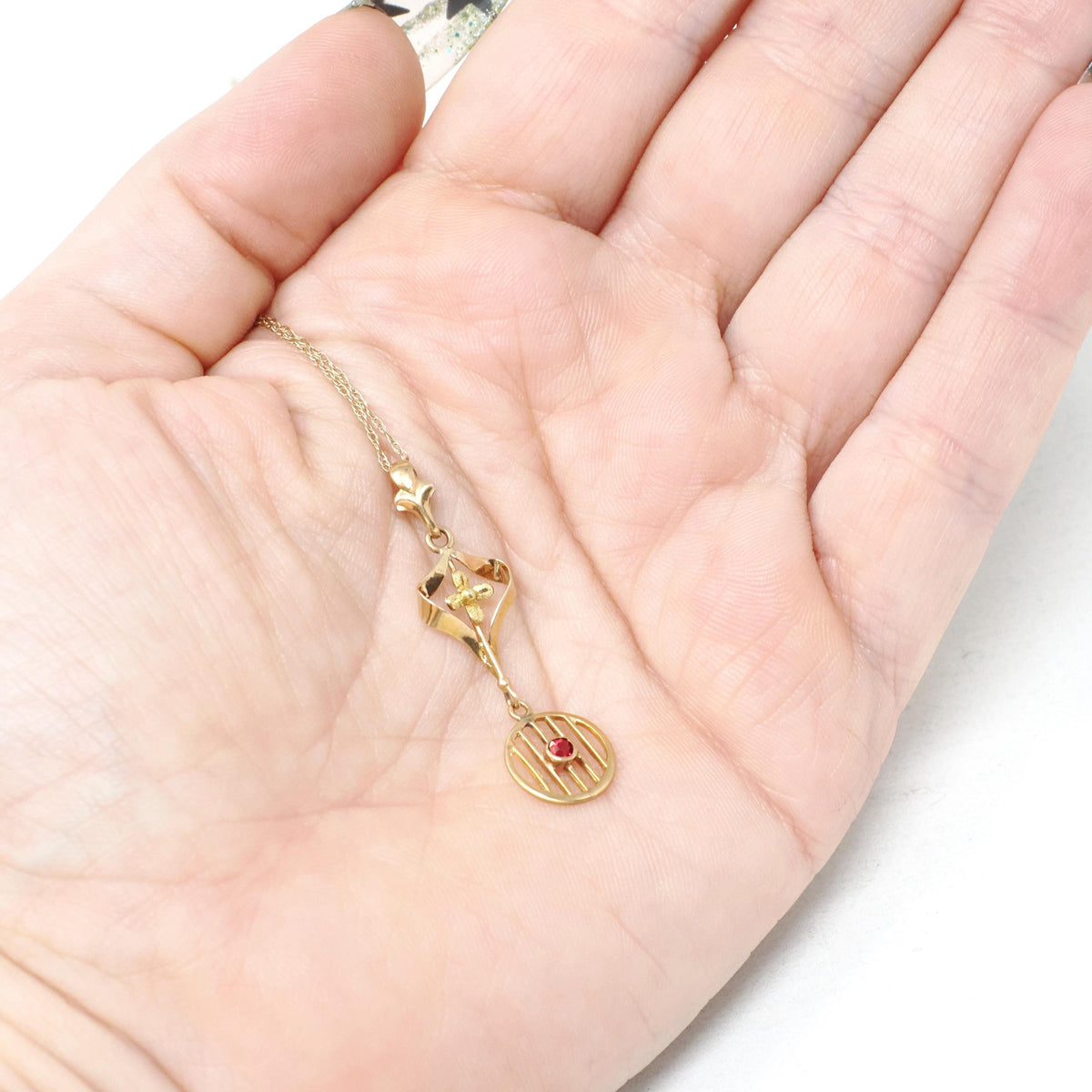 Antique Lavalier Necklace - Edwardian 10k Yellow Gold Simulated Garnet Red Glass Pendant - Vintage Circa 1910s Era Flower Fine Jewelry