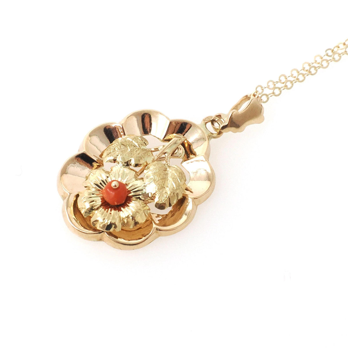 Vintage Flower Pendant - Modernist 14k Yellow Gold Orange Coral Bead Charm Necklace - Circa 1970s Era Leaf Floral Statement Fine Jewelry