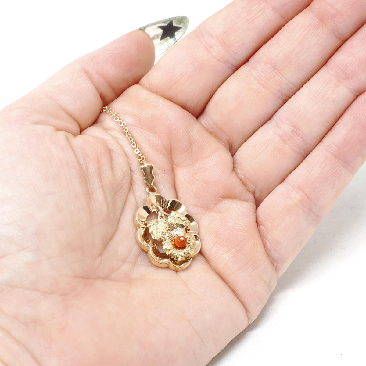 Vintage Flower Pendant - Modernist 14k Yellow Gold Orange Coral Bead Charm Necklace - Circa 1970s Era Leaf Floral Statement Fine Jewelry