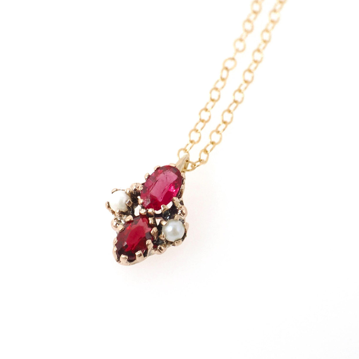 Garnet Doublet Charm Necklace - Victorian 10k Yellow Gold Red Glass Doublet Cultured Pearls Pendant - Antique Circa 1890s Era Fine Jewelry