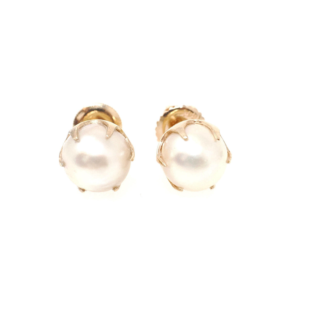 Cultured Pearl Earrings - Mid Century 10k Yellow Gold Round White Organic Gemstone Studs - Circa 1960s Era Fine Post June Birthstone Jewelry
