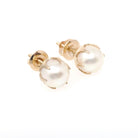 Cultured Pearl Earrings - Mid Century 10k Yellow Gold Round White Organic Gemstone Studs - Circa 1960s Era Fine Post June Birthstone Jewelry