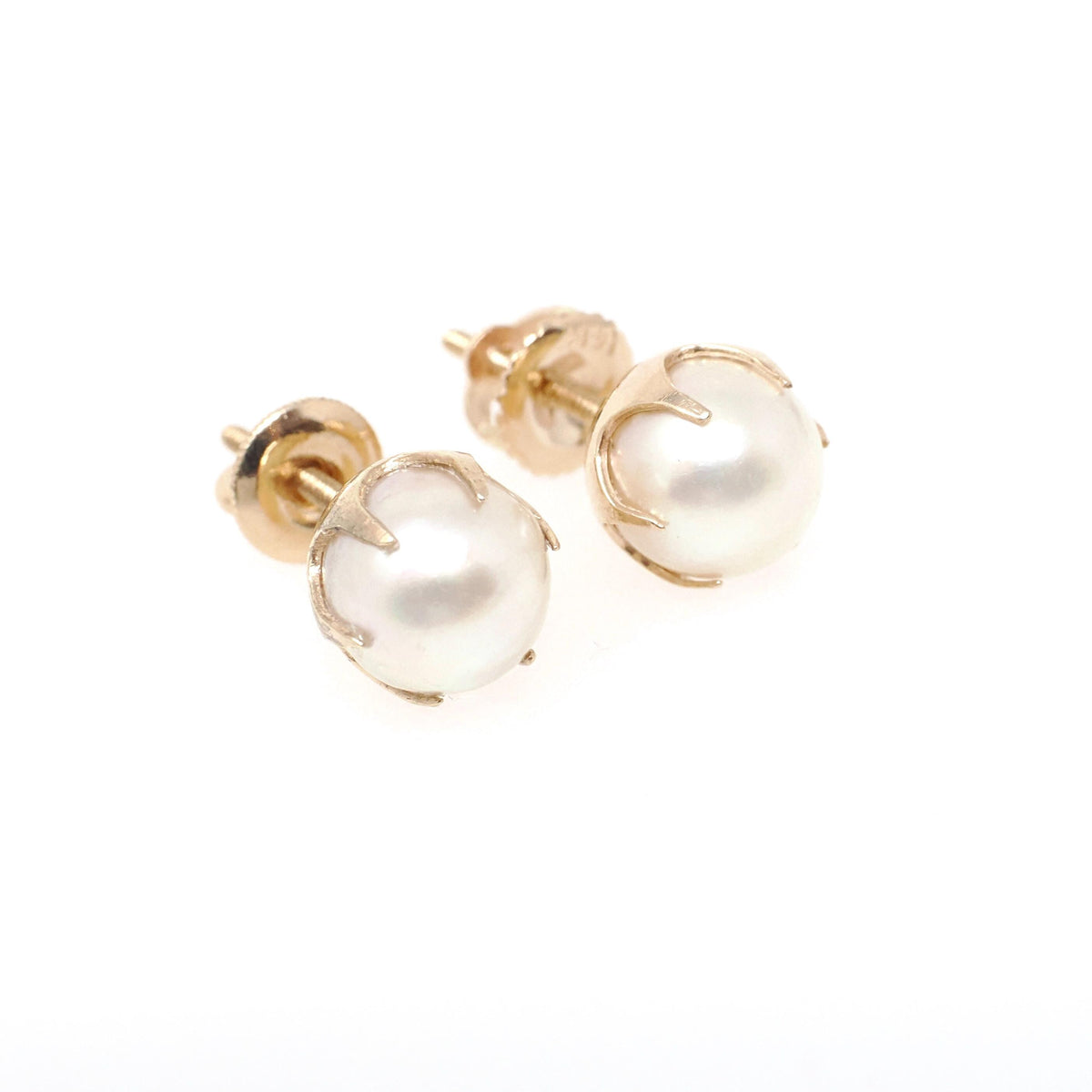 Cultured Pearl Earrings - Mid Century 10k Yellow Gold Round White Organic Gemstone Studs - Circa 1960s Era Fine Post June Birthstone Jewelry