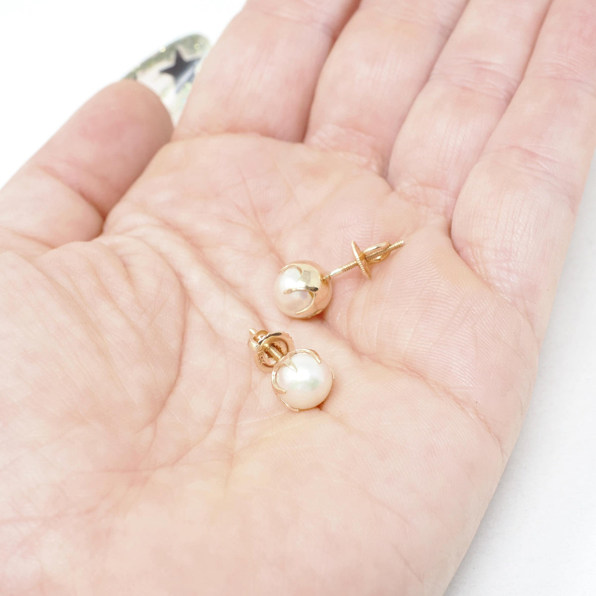 Cultured Pearl Earrings - Mid Century 10k Yellow Gold Round White Organic Gemstone Studs - Circa 1960s Era Fine Post June Birthstone Jewelry