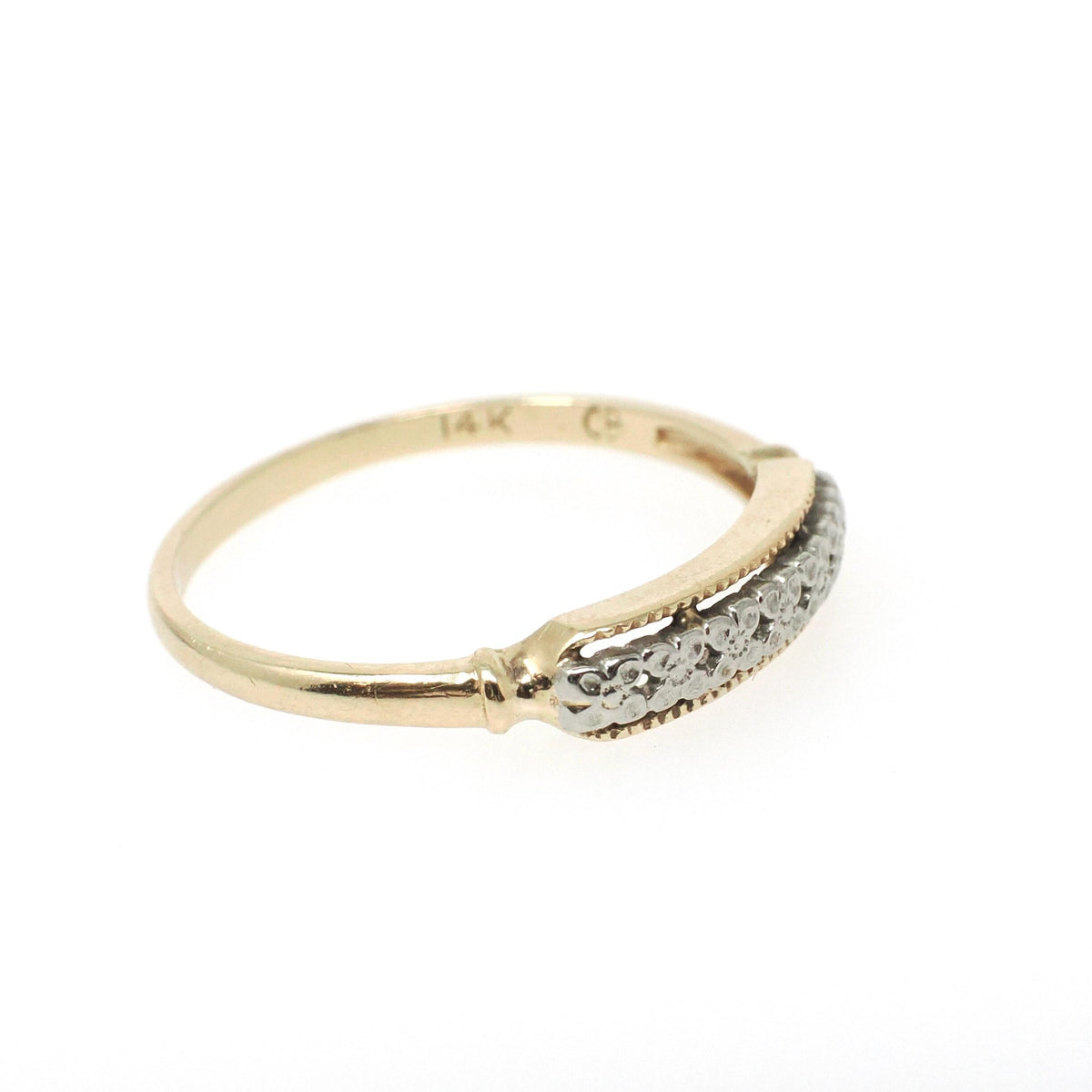 Vintage Wedding Band - Mid Century 14k Yellow Gold 10k White Gold Two Tone Orange Blossom Ring - Circa 1950s Era Size 6 1/4 Stacking Jewelry