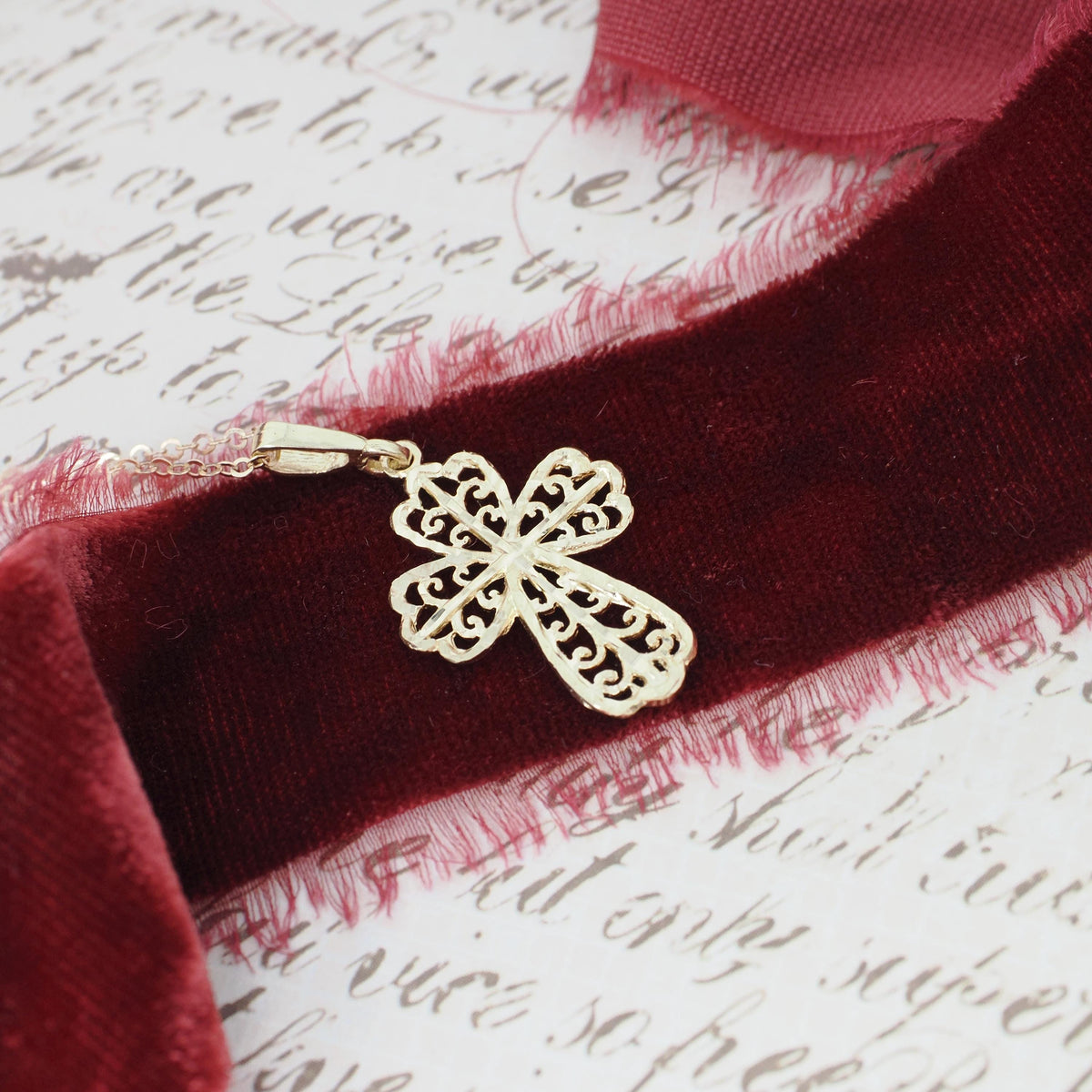 Contemporary Cross Pendant - Estate 10k Yellow Gold Diamond Cut Filigree Pendant Necklace - Circa 2000's Era Religious Faith Fine Jewelry