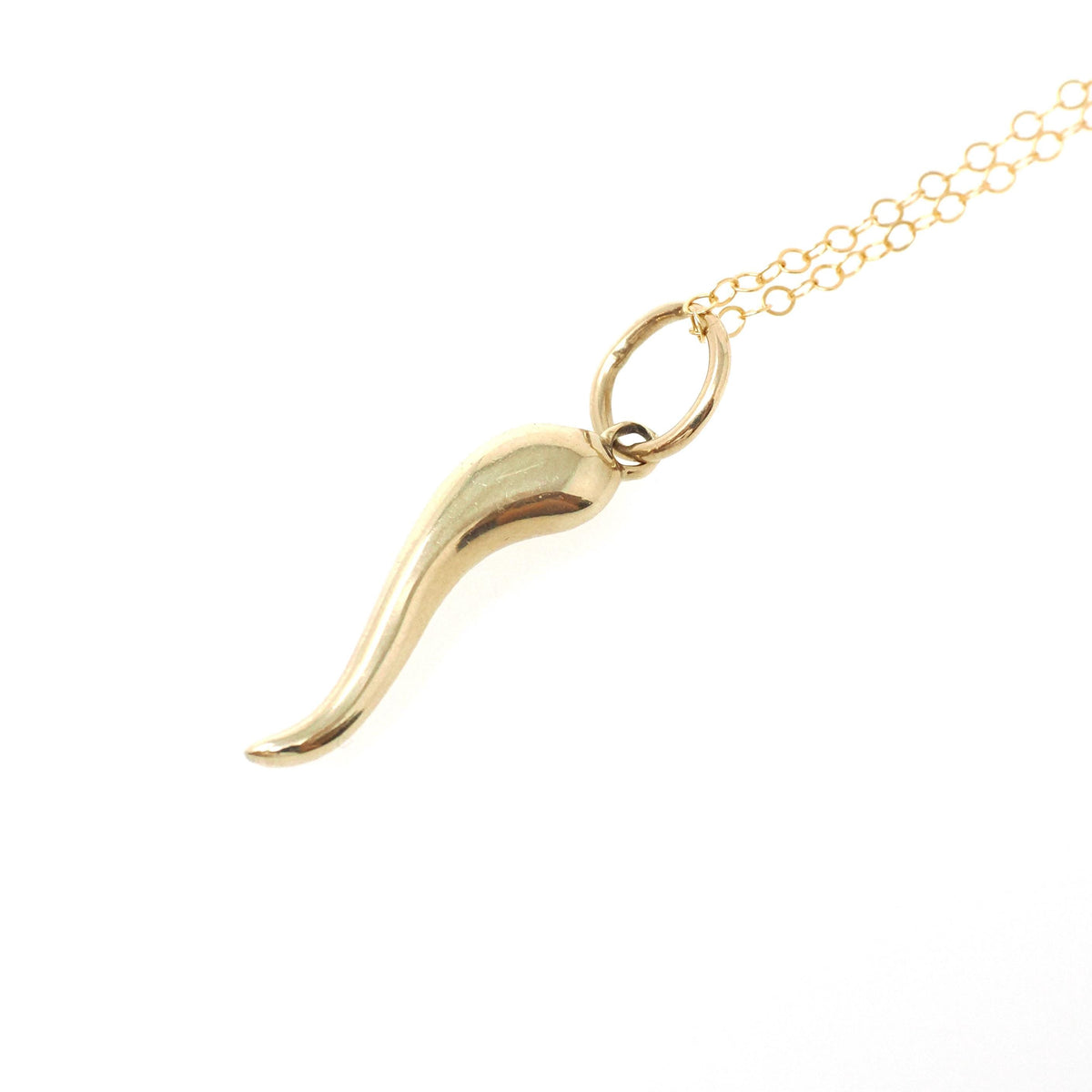 Italian Horn Charm - Contemporary 14k Yellow Gold Cornicello Good Luck Pendant Necklace - Circa 1990s Era Ward Off Evil Amulet Fine Jewelry