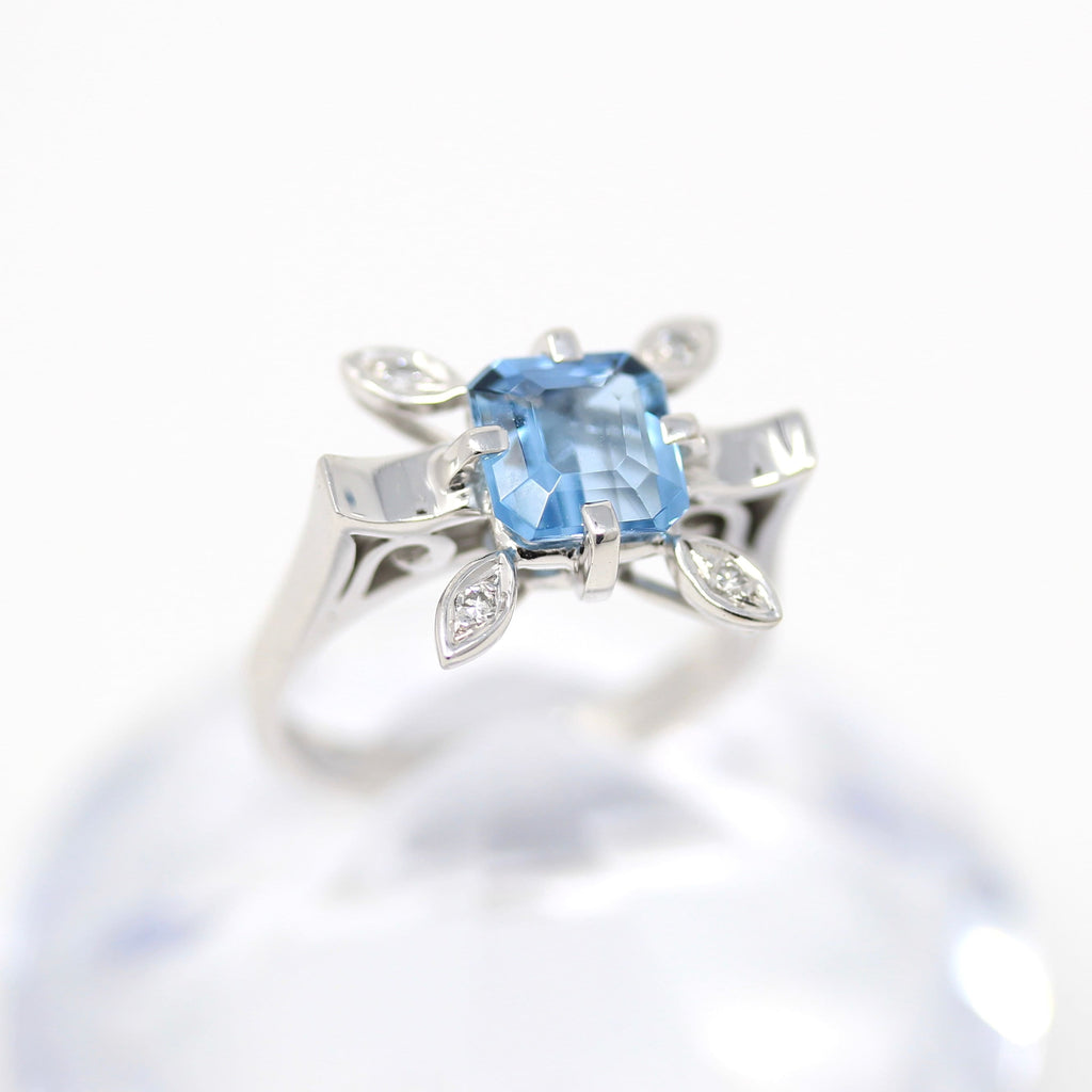 Sale - Genuine Aquamarine Ring - Estate 18k White Gold Diamond & Blue Gemstone 1.28 Carat - Vintage Size 6 1/2 March Engagement Fine Jewelry