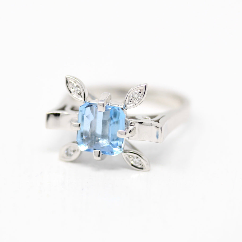 Sale - Genuine Aquamarine Ring - Estate 18k White Gold Diamond & Blue Gemstone 1.28 Carat - Vintage Size 6 1/2 March Engagement Fine Jewelry