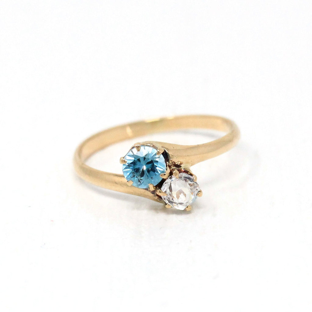 Sale - Toi Et Moi Ring - Edwardian 10k Yellow Gold Genuine .49 CT Blue Zircon Genuine Gem - Antique 1910s Size 6 Paste Stone Fine Jewelry