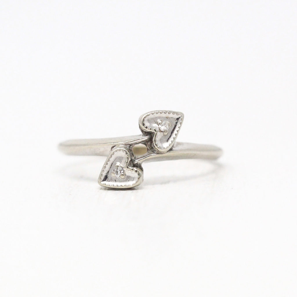 Sale - Vintage Diamond Ring - Retro 10k White Gold Heart Promise Anniversary - 1950s Size 5 3/4 Two Stone Valentine Romantic Fine Jewelry