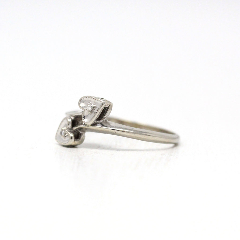 Sale - Vintage Diamond Ring - Retro 10k White Gold Heart Promise Anniversary - 1950s Size 5 3/4 Two Stone Valentine Romantic Fine Jewelry