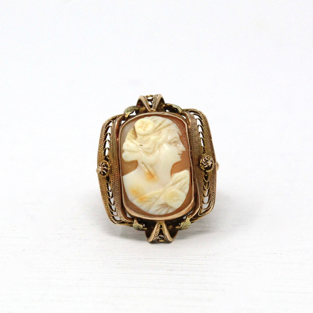Sale - Vintage Cameo Ring - 10k Rose Gold Carved Shell Statement - 1930s Era Size 5 1/4 Rectangular Pink & White Cannetille Filigree Jewelry
