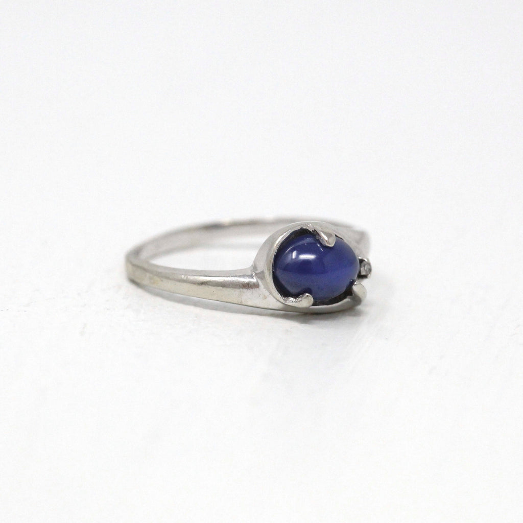 Sale - Created Star Sapphire Ring - Vintage 14k White Gold Genuine Diamond Bypass - Retro Size 5 1/2 Oval Blue Cabochon 1960s Fine Jewelry