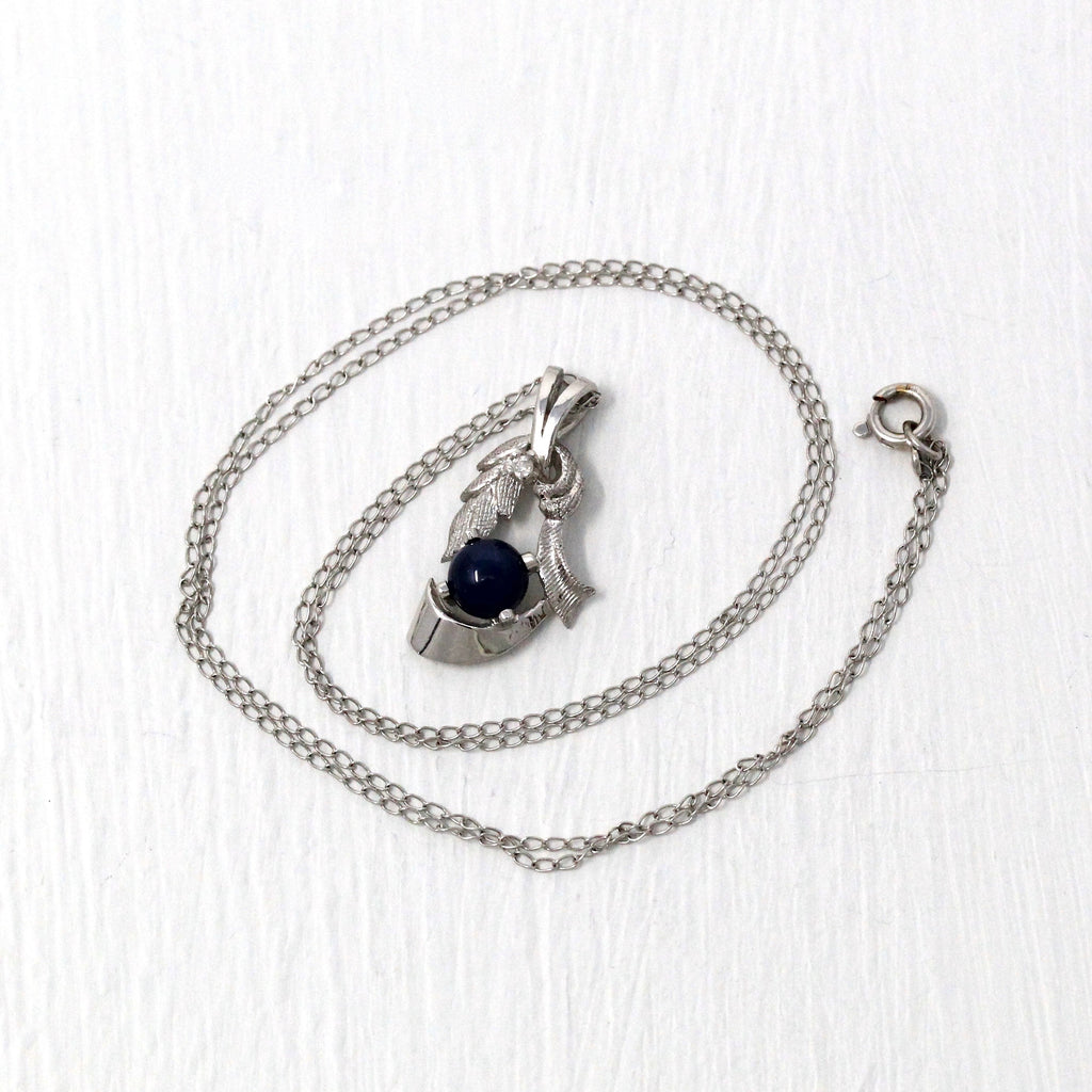 Sale - Created Star Sapphire Necklace - Retro 14k White Gold Genuine .02 CT Diamond Gemstone - Vintage 1970s Era Pendant Charm Fine Jewelry