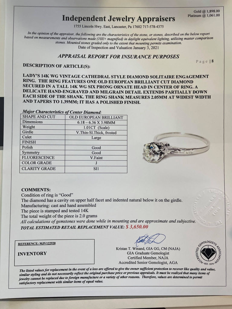Sale - Vintage Engagement Ring - 14k White Gold 1.01 CT Old European Diamond - Size 7 3/4 Solitaire Art Deco Basket Appraisal Fine Jewelry